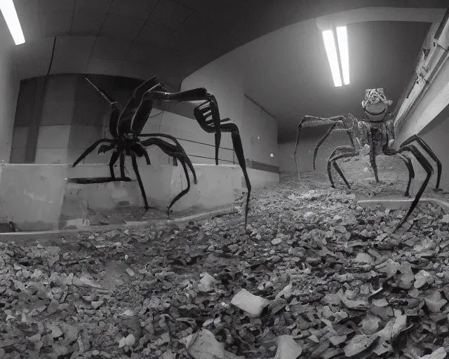 Prompt: camera footage of a giant spider in an abandoned shopping mall, high exposure, dark, monochrome, camera, grainy, CCTV, security camera footage, timestamp, zoomed in, fish-eye lense, spiders, spider, spider, spider,