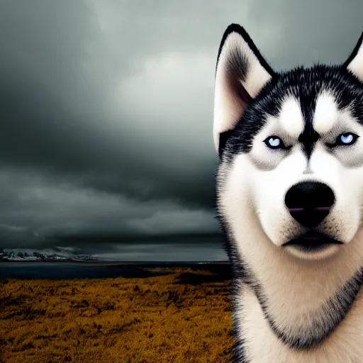 Prompt: a scenic photograph of a husky that has yellow fur. the whole husky is visible in frame. intricate eyes, detailed pupils. polar background, ominous sky, meteorites are crashing through the clouds. octane render, extreme detail, super symmetrical photograph, 8 k