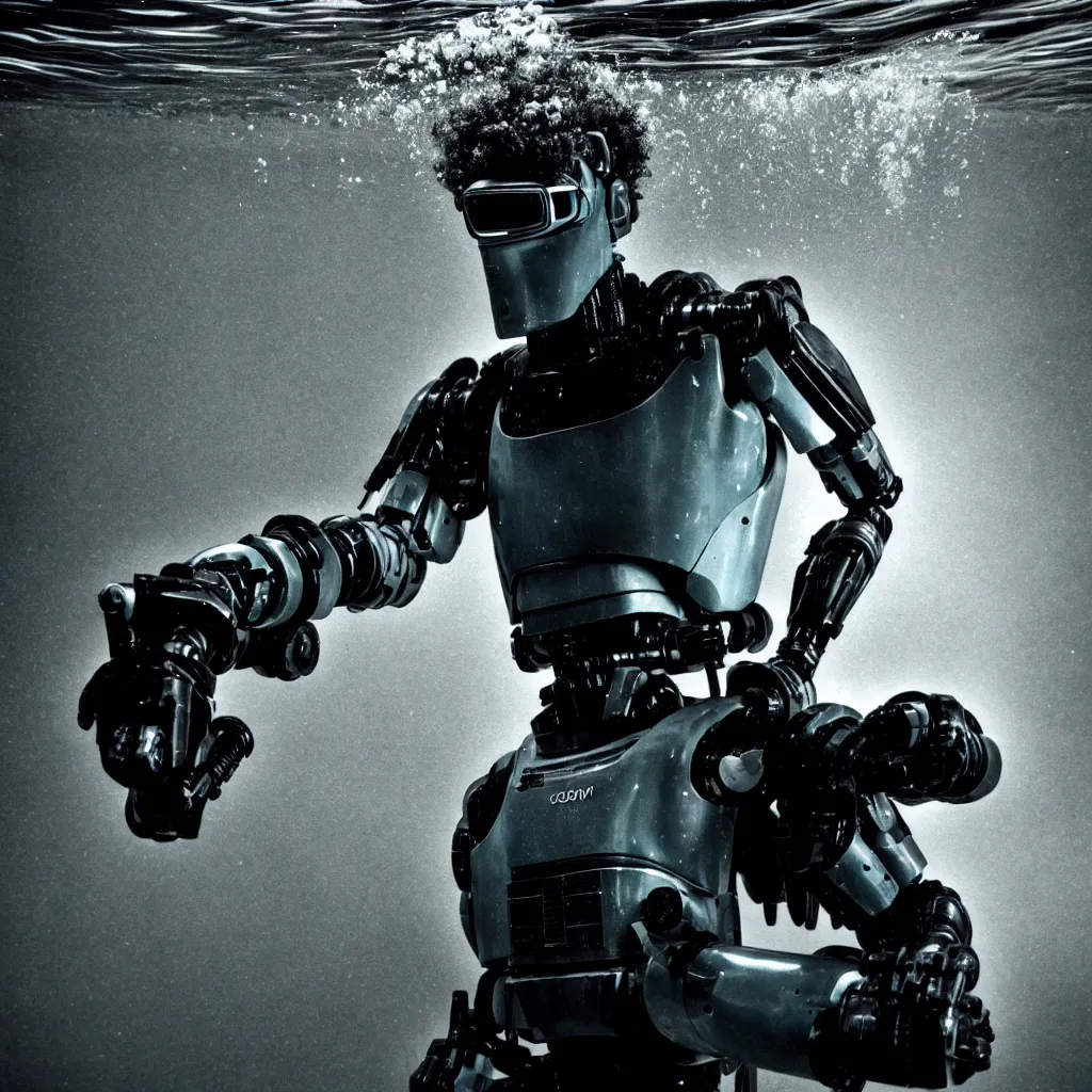 Prompt: An Alec Soth portrait photo of Robocop underwater