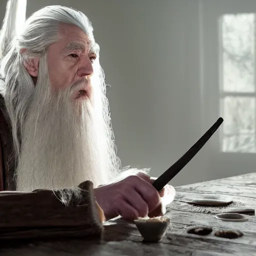 Prompt: gandalf sniffing and snorting white substance from table