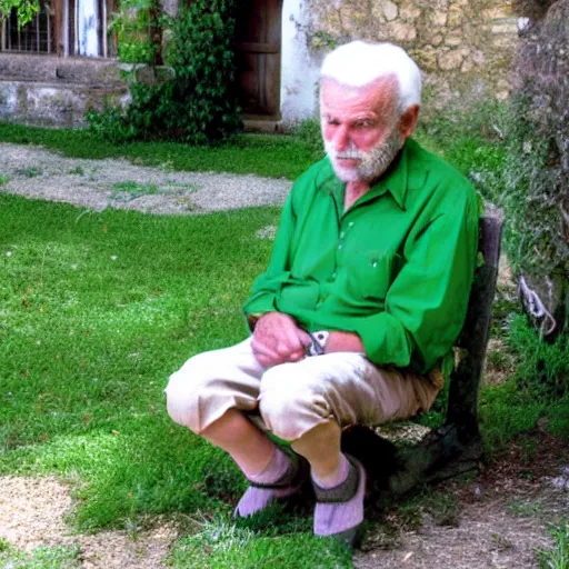 Image similar to mid white hair old man with green shirt and white short, sitting in ile de re house garden, still from purple noon