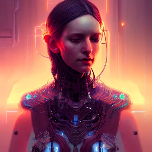 Prompt: cyberpunk robotic elvish queen, extremely detailed, hyperrealistic, intricate, soft light, fantasy, digital painting, art station, by wlop