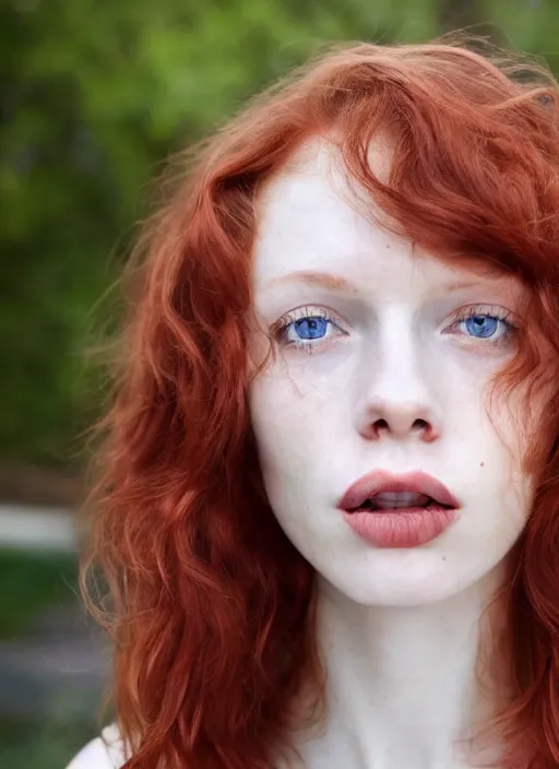 Prompt: close up portrait photograph of a thin young redhead woman with russian descent, sunbathed skin, with deep blue eyes. Wavy long maroon colored hair. she looks directly at the camera. Slightly open mouth, face takes up half of the photo. a park visible in the background. 55mm nikon. Intricate. Very detailed 8k texture. Sharp. Cinematic post-processing. Award winning portrait photography. Sharp eyes.