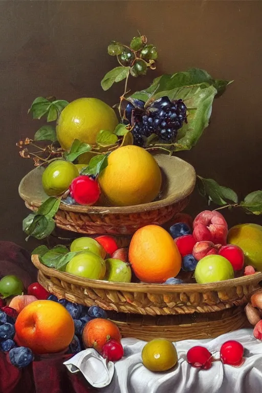 Image similar to A beautiful still life oil painting of a compote full of fruits, summer, hyperrealistic, colorful, hyperdetailed.