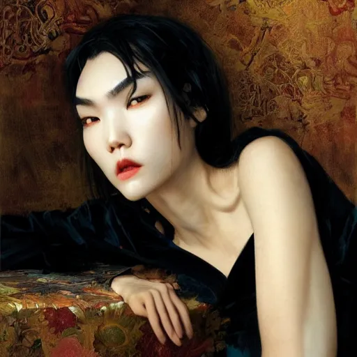 Image similar to detailed cinematic wide shot of beautiful attractive tao okamoto asian vampire woman wearing black bath robe slim face symettrical face clean skin black eyes black robe smooth, sharp focus, ultra realistic, spring light, painting by gaston bussiere, craig mullins, j. c. leyendecker