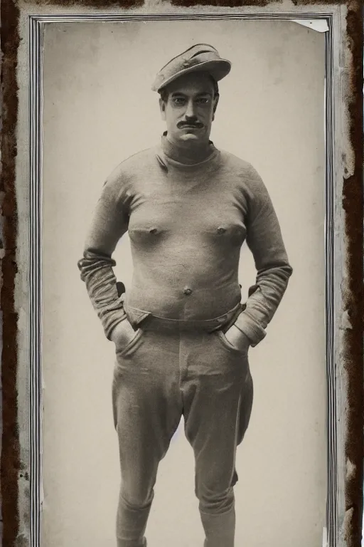 Image similar to mario, portrait, full body, symmetrical features, silver iodide, 1 8 8 0 photograph, sepia tone, aged paper, master prime lenses, cinematic