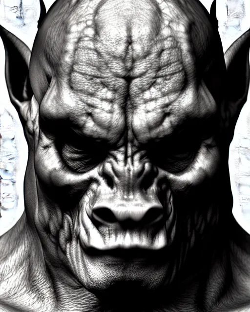 Image similar to orc, hyper realism, fine details, deviantart artstation, extremely detailed, black and white, very sharp, in the style of albrecht durer