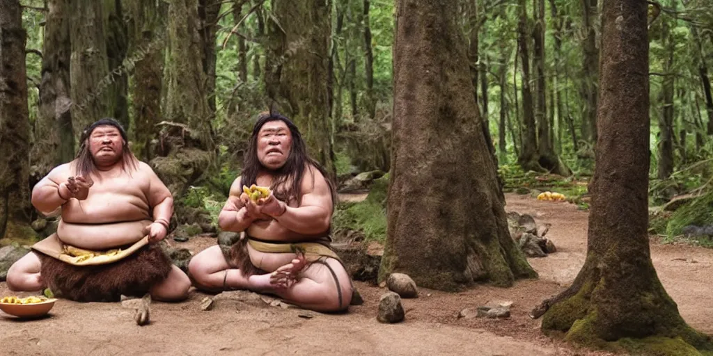 Image similar to photo, neanderthal people, sumo! japanese!, eating inside mcdonalds, gigantic forest trees, sitting on rocks, bright moon