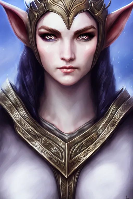 Image similar to head and shoulders portrait of an eldritch knight, elf, beautiful, female, breastplate, magical, high fantasy, d & d, by artgerm, face details, extremely detailed, digital illustration