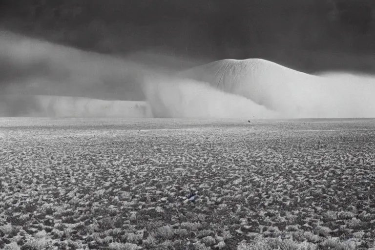 Prompt: ansel adams photography during the dust bowl. giant dust storm incoming. still frame from exemplary cinematography redefining the craft of cinematic composition. iconic frame 4 k highly detailed criterion film