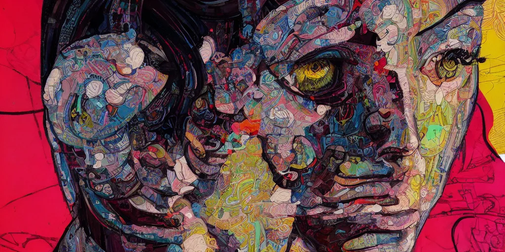 Prompt: full view portrait of cyborg woman crying, in the style of jin kagetsu and james jean, background by beatriz milhazes, highly detailed, face symmetry, masterpiece, sharp focus, realistic intricate concept art, dramatic lighting, 8 k