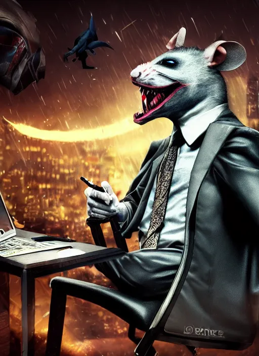 Image similar to Rat with Joker face paint sitting on gamers chair on gaming computer typing on keyboard, gaming, computer, gamers keyboard, looking sad, crying in the dark and gloom, defeating Batman, realistic, digital art, 4k, cinematic lighting, explosion in the background