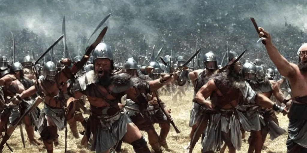 Image similar to Bernie Sanders as Leonidas, with Leonidas beard, leading Spartans into battle at Battle of Thermopylae, in screenshot from the 300 movie