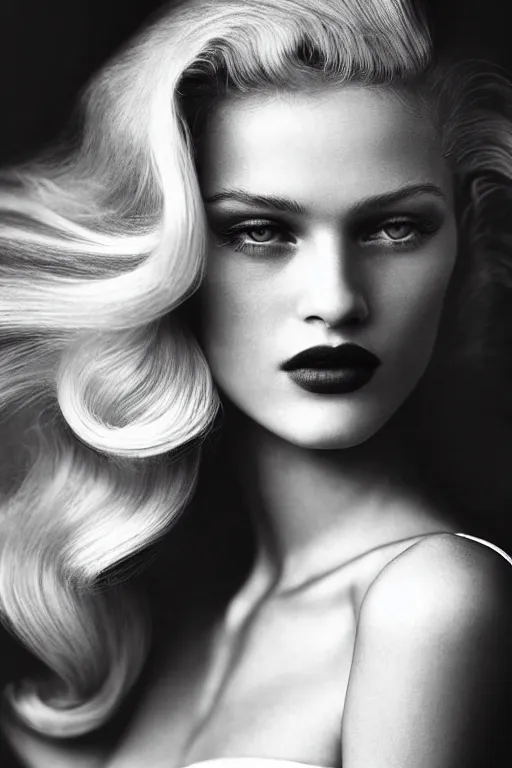 Image similar to stunning award - winning portrait by peter lindbergh of a beautiful young blonde woman. vintage hollywood glamour. long shiny wavy hair. movie star makeup. vogue. fashion photography. sharp focus. canon 5 0 mm.