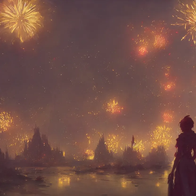 Prompt: firework festival at night, greg rutkowski, krenzcushart, nier automata enviroment concept art, makoto shinkai, alphonse mucha