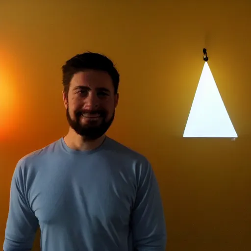 Image similar to a daytrader named jay standing proudly in front of triangular nanoleaf led lights on his wall