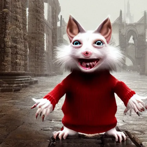 Image similar to stuart little as a monstrous dark souls boss, wearing a red sweater and his fur is white, visually grotesque, unreal engine 2, style of asylum demon, forked tongue