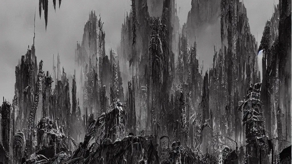 Prompt: post apocalypse remnants of civilization, eerie atmospheric, by tsutomu nihei, gerald brom and vincent di fate, epic cinematic matte painting