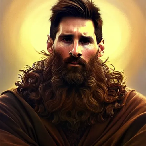 Image similar to Messi with a majestic beard, closeup, D&D, fantasy, intricate, elegant, highly detailed, digital painting, artstation, concept art, matte, sharp focus, illustration, art by Artgerm and Greg Rutkowski and Alphonse Mucha