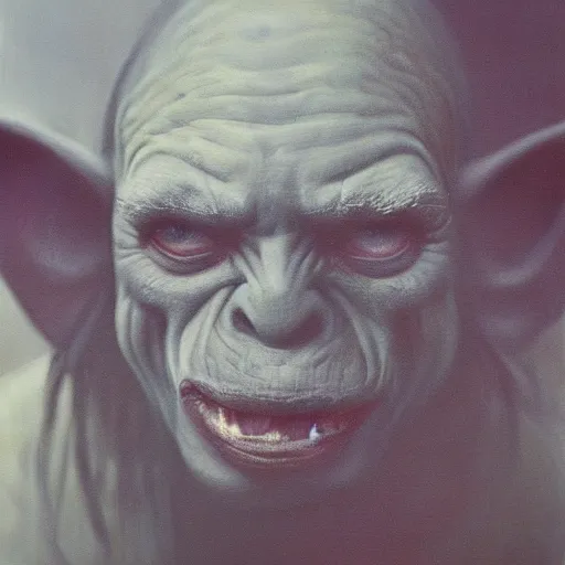 Image similar to a painting of a goblin orc taken by sally mann, portrait, foggy, hazy, dull colors, detailed, bleak,