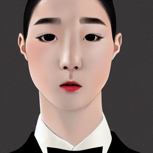 Image similar to portrait of a beautiful korean girl wearing a men's tuxedo, with short messy hair, men's haircut, angular features, angry expression, digital art, elegant pose, detailed illustration