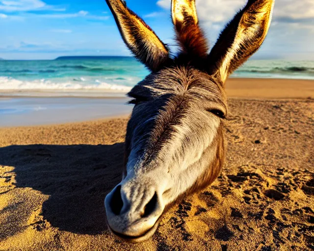 Image similar to realistic photo of a donkey sunbathing at the beach, 8k resolution