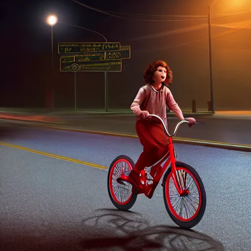 Image similar to wendy thomas as ( maxine mayfield ) from stranger things riding her bike in the middle of the street, the bike's flashlight illuminating the ground, the clear sky, realistic, extremely high details, photorealistic, 2 0 2 2 s, soft lighting, 4 k, human photo