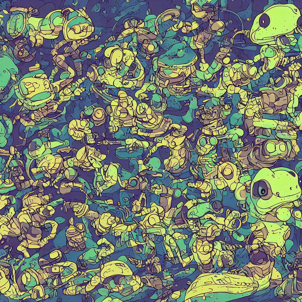 Image similar to toads, deconstructed amphibian, ryuta ueda artwork, breakcore, style of jet set radio, y 2 k, gloom, space, cel - shaded art style, indigo rainbow, data, minimal, code, cybernetic, dark, eerie, cyber