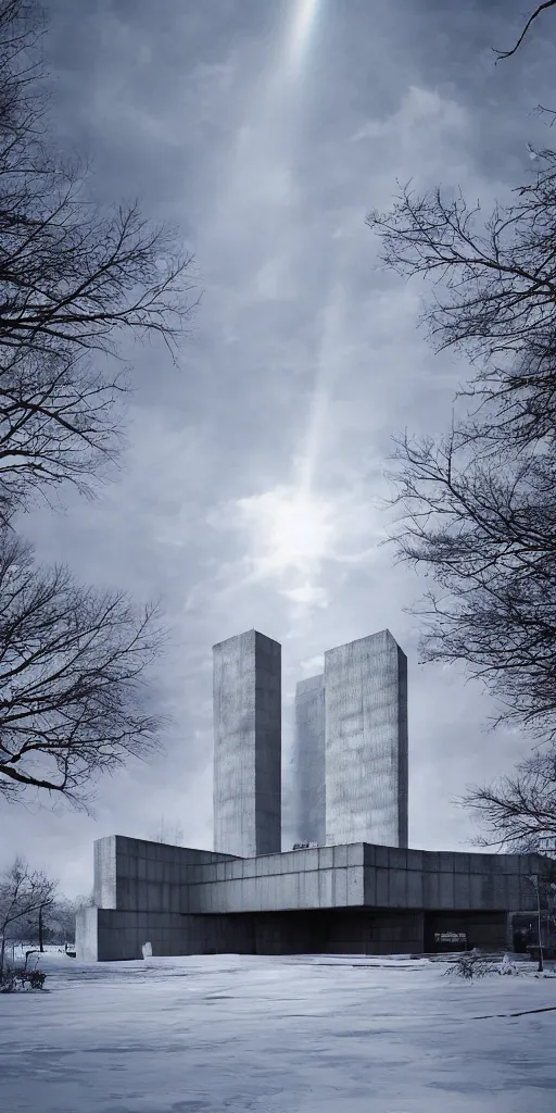 Prompt: brutalist architecture, hyperrealistic rendering, 4 k, tyndall effect, snow day ， ultra wide angle