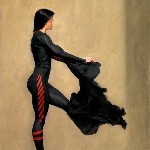 Image similar to athletic woman with black hair, dressed all in black, by donato giancola, alex ross, and berthold woltze.