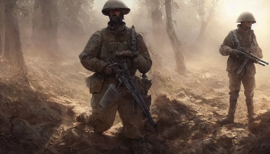 Image similar to beautiful digital painting of a lone survivor, one soldier after his squad killed in action in a trench waiting for the war to end. cinematic lighting and rendering, atmospheric, concept art, high detailed faces, artstation, underpainting by artgerm and greg rutkowski, overlay by eddie mendoza