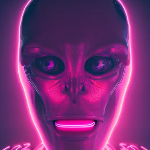 Image similar to synthwave alien face with neon tattos, detailed face, sharp focus, synthwave art, aesthetic, octane render, raw, cinematic