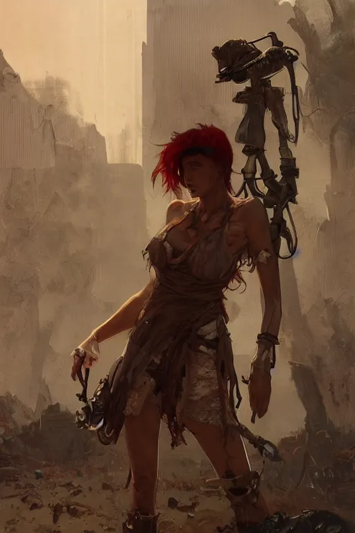 Prompt: a full body portrait of a beautiful post apocalyptic offworld inventors district bedouin blind pulp fiction scarlet wild rogue barbarian leper begging by the roadside, intricate, elegant, highly detailed, digital painting, artstation, concept art, smooth, sharp focus, illustration, art by krenz cushart and artem demura and alphonse mucha
