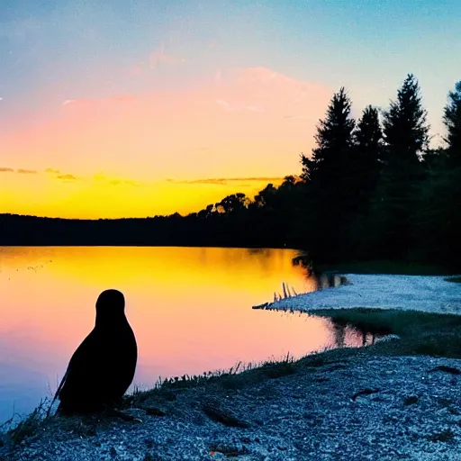 Prompt: lovebird watching fireworks show at a lake, reflective, sunset, landscape photography, nature, stones