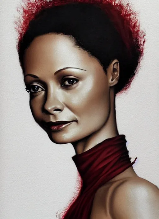 Image similar to thandie newton form westworld, portrait, dark red 2 0's dress, by charlie bowater