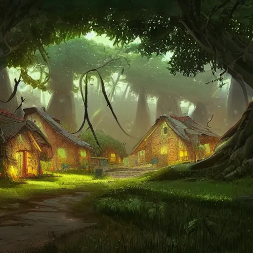 Image similar to concept art painting of a forest village with houses made of trees and roots, houses inside trees, vines, deep forest, realistic, detailed, cel shaded, in the style of makoto shinkai and greg rutkowski and james gurney