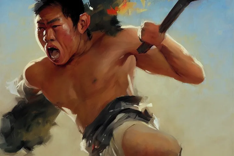 Image similar to greg manchess portrait of a filipino mma fighter with a sword shouting happy, profile picture, organic painting, sunny day, matte painting, bold shapes, hard edges, street art, trending on artstation, by huang guangjian, gil elvgren, ruan jia, randy vargas, greg rutkowski