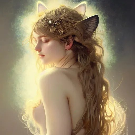 Image similar to Portrait of a girl angel with cream colored fuzzy frizzy hair, cat ears, glowing halo, wings, fantasy, intricate, elegant, highly detailed, digital painting, artstation, concept art, smooth, sharp focus, illustration, art by Krenz Cushart and Artem Demura and alphonse mucha