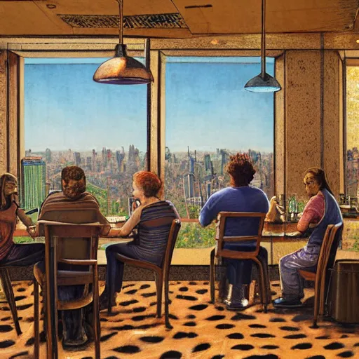 Image similar to The land art shows four people sitting in a diner late at night. The people in the land art look tired and lonely. The land art is set in New York City and shows the city's skyline in the background. cheetah print by Frederick Sandys, by Andreas Franke ghastly