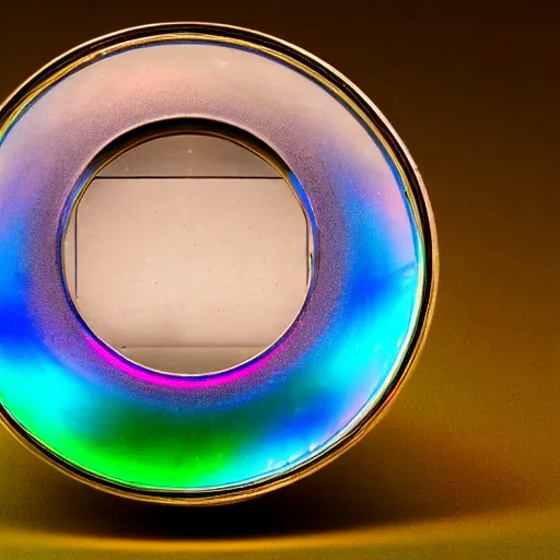 Prompt: scientific archival photography of a peculiar found object made of a unique matte, iridescent fabric material that bends light like a fresnel lens. the object is adorned with a machined silicon chip casing and an intricate detailing of quantum crystal circuits. the object has an inscription on the inner cuff.