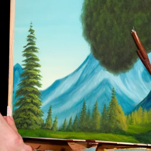 Image similar to a closeup photorealistic photograph of bob ross working on a canvas painting of cookie monster. film still. brightly lit scene. mountains and trees. this 4 k hd image is trending on artstation, featured on behance, well - rendered, extra crisp, features intricate detail, epic composition and the style of unreal engine.