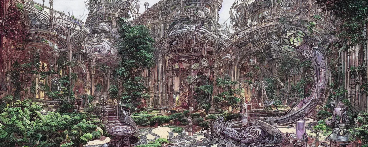 Image similar to a luxurious scifi futuristic victorian garden courtyard by killian eng, moebius, philippe druillet