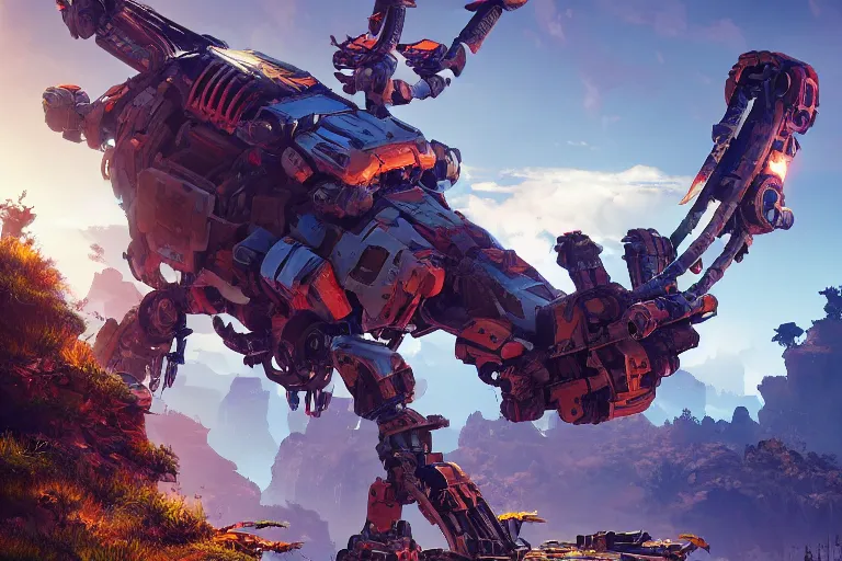 Image similar to scrapper machine mecanical creature robot of horizon forbidden west horizon zero dawn radiating a glowing aura global illumination ray tracing hdr fanart arstation by ian pesty and alena aenami artworks in 4 k