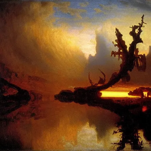 Image similar to Oil split in two, heaven and hell, by Albert Bierstadt, masterpiece, 4k