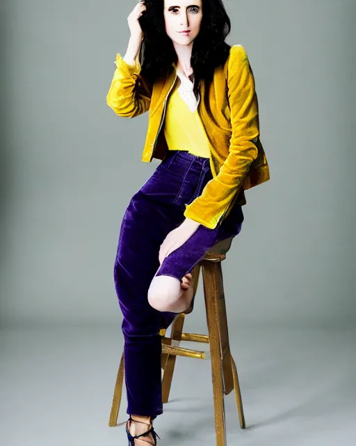 Prompt: photorealistic portrait headshot photos of kristen ritter wearing a yellow leather jacket, green corduroy pants, a red silk blouse, and purple velvet top hat on her head, photoshoot in the style of annie leibovitz, photorealistic, bokeh