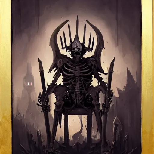 Prompt: Skeleton King, undead knight, resting on his throne, oil painting, by Greg Rutkowski