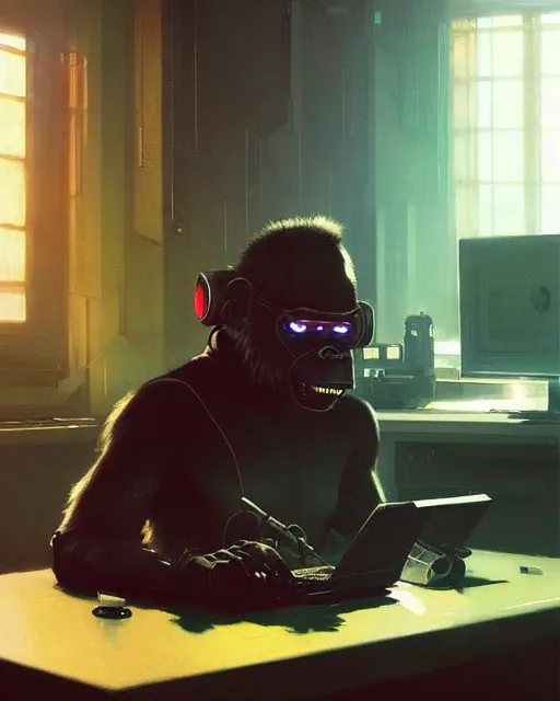 Prompt: cyberpunk ape hacker at the computer. sci - fi art by greg rutkowski, gustave courbet, rosa bonheur, edward hopper. faithfully depicted facial expression, perfect anatomy, sharp focus, global illumination, radiant light, detailed and intricate environment, trending on artstation