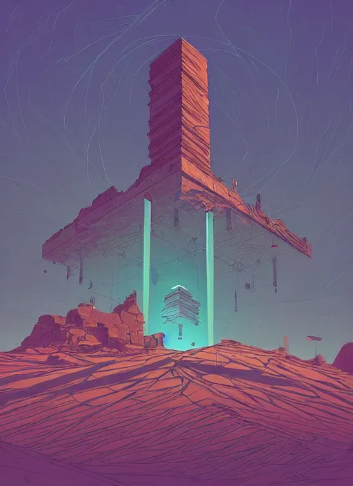 Image similar to cartoon of a desert landscape with a huge monolith in the shape of a tesseract in the background, digital art by kilian eng, cgsociety, afrofuturism, tesseract, sci - fi, future tech