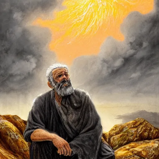 Prompt: painting of an old man with a silver gray beard and ragged robes knelt down on the peak of a mountain, the sky above is wreathed in flames, the man chisels an inscription on a stone, realistic, detailed, ancient, digital art, apocalyptic, earth tones, dramatic, cinematic lighting