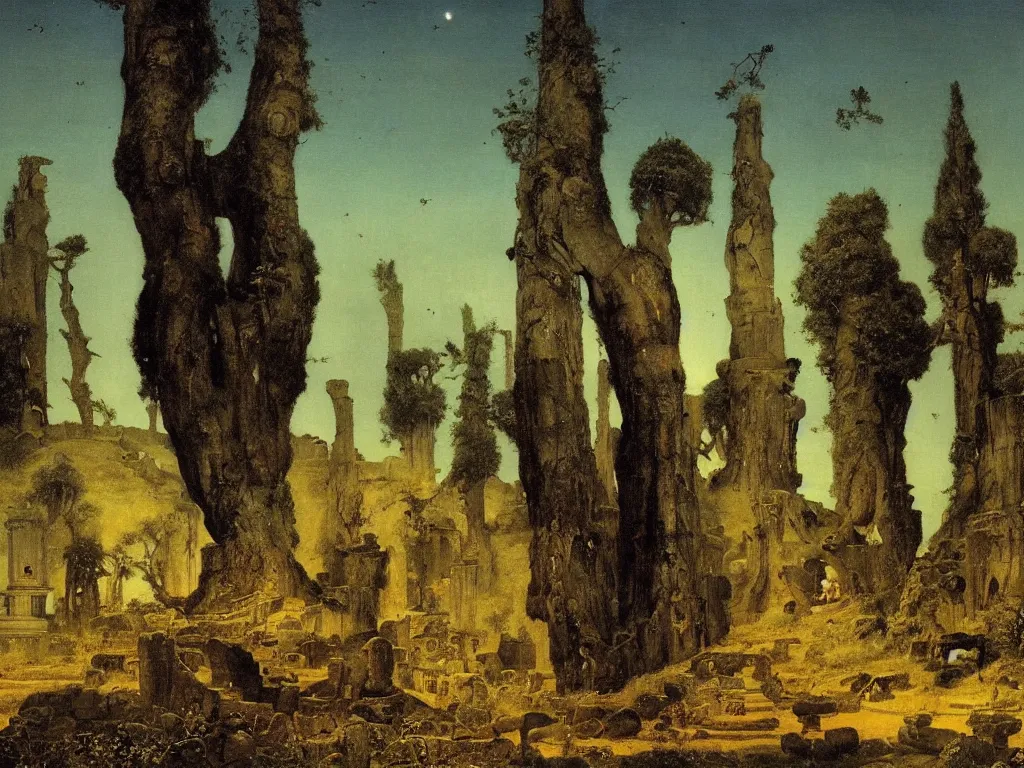 Image similar to Buddhist ruins surrounded by the panthers at night. Starry sky, cypresses in the wind. Painting by Arnold Bocklin, Caspar David Friedrich.